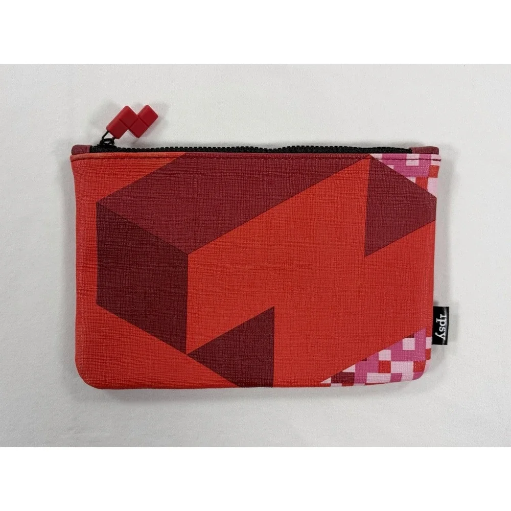 Ipsy Tetris Glam Bag Red Pink Geometric Makeup Pouch‎ Zipper Cosmetic Case New